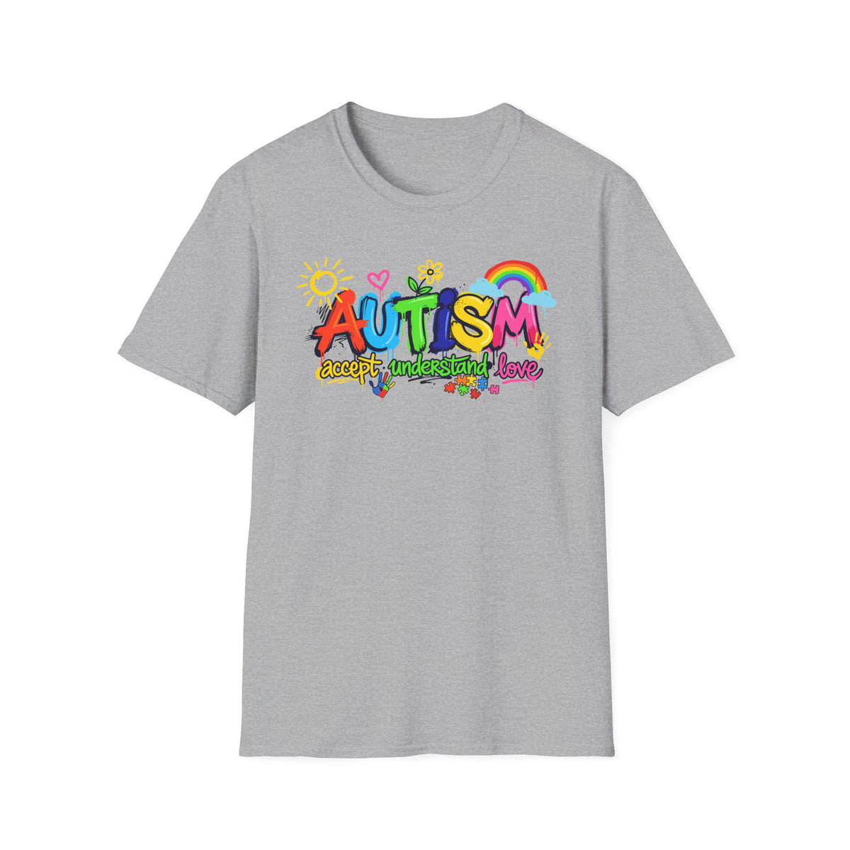 Autism Awareness colorful text T-Shirt | rainbow puzzle heart design