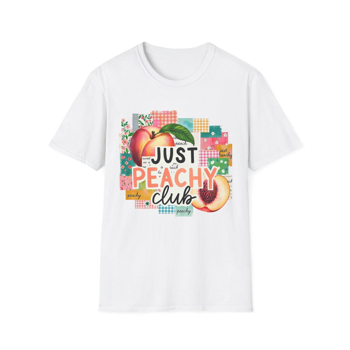 Just Peachy Club T-Shirt | Peach Graphic, Retro Patchwork Design