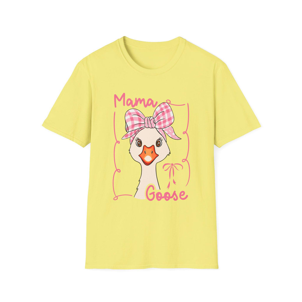 Mama Goose T-Shirt | Whimsical Goose Illustration, Pink Gingham Bow