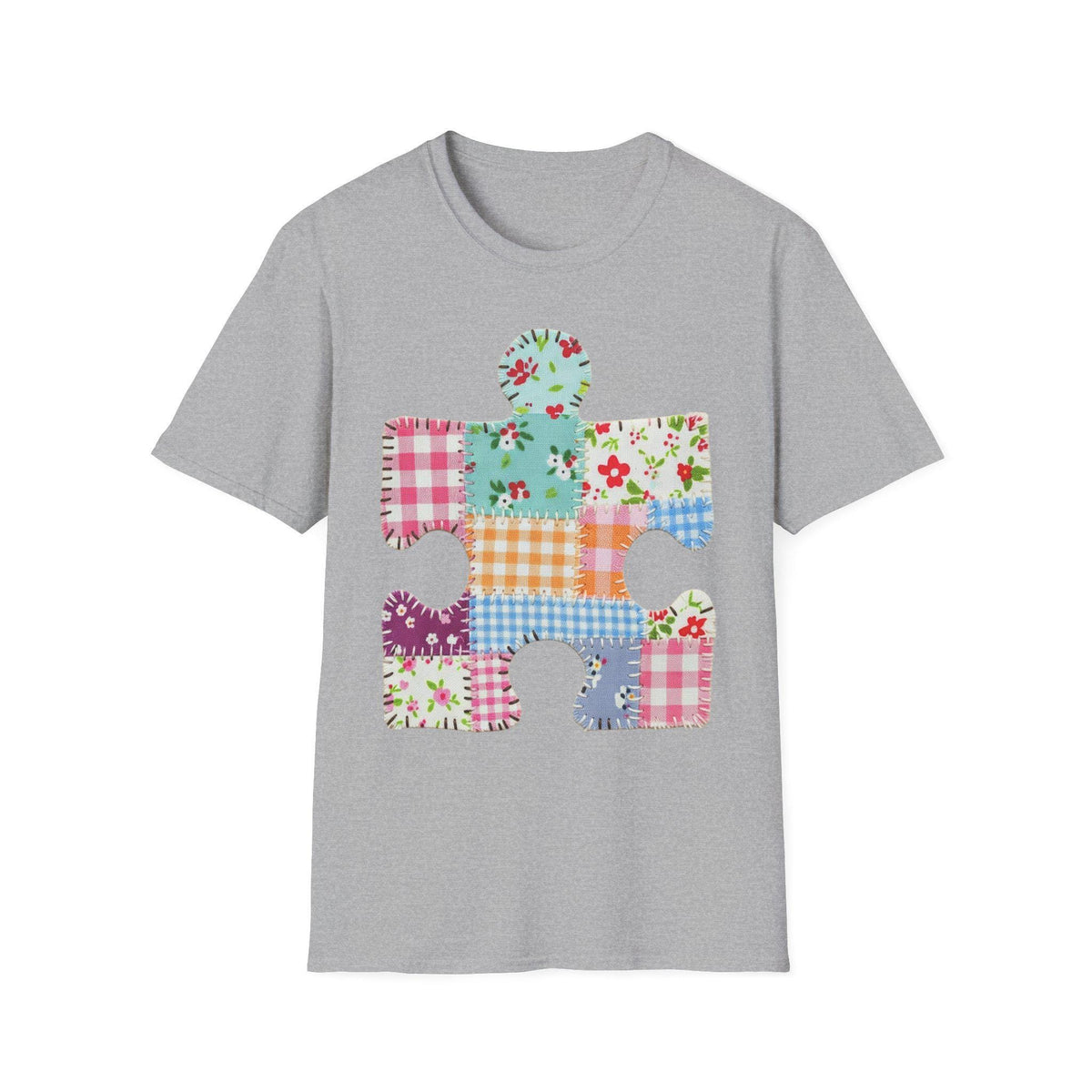 Patchwork Floral Puzzle Piece T-Shirt | Autism Awareness, Quilted Plaid Design