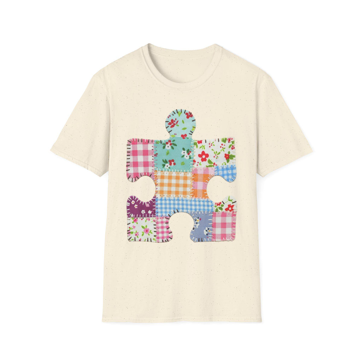 Patchwork Floral Puzzle Piece T-Shirt | Autism Awareness, Quilted Plaid Design