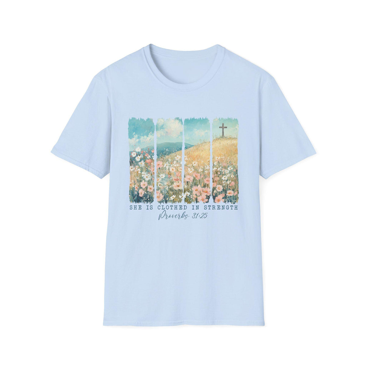 Scripture Floral Cross T-Shirt | Proverbs 31:25 faith tee, spring floral design