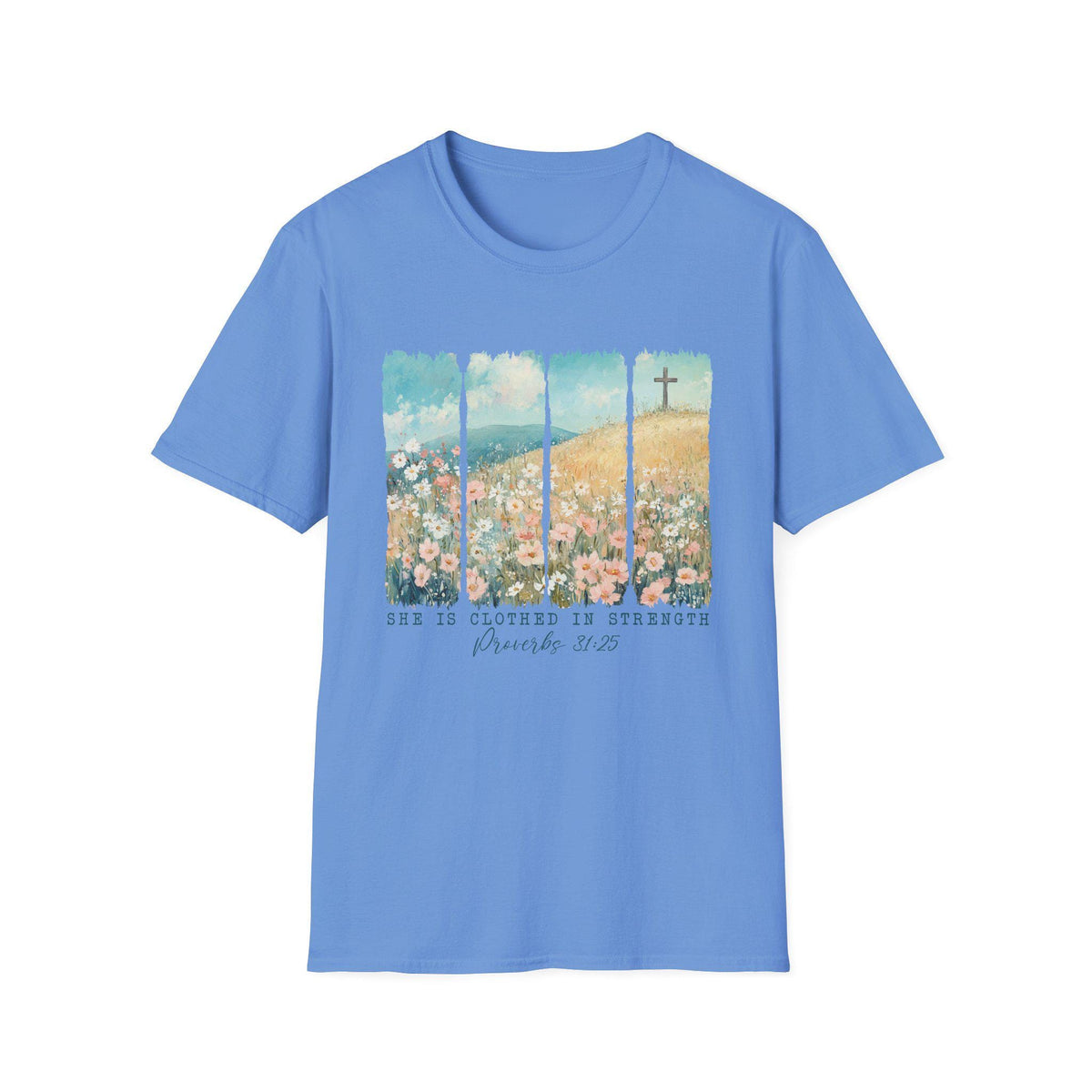 Scripture Floral Cross T-Shirt | Proverbs 31:25 faith tee, spring floral design