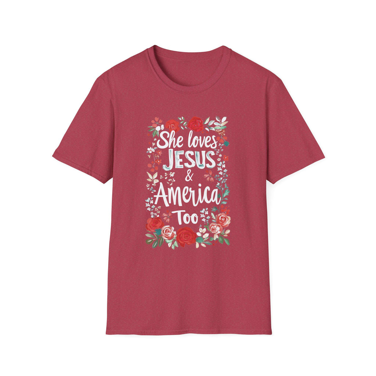 She Loves Jesus & America Too T-Shirt | Floral Patriotic Faith Tee