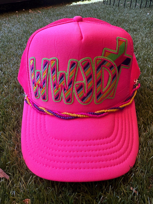 WWJD neon trucker hat