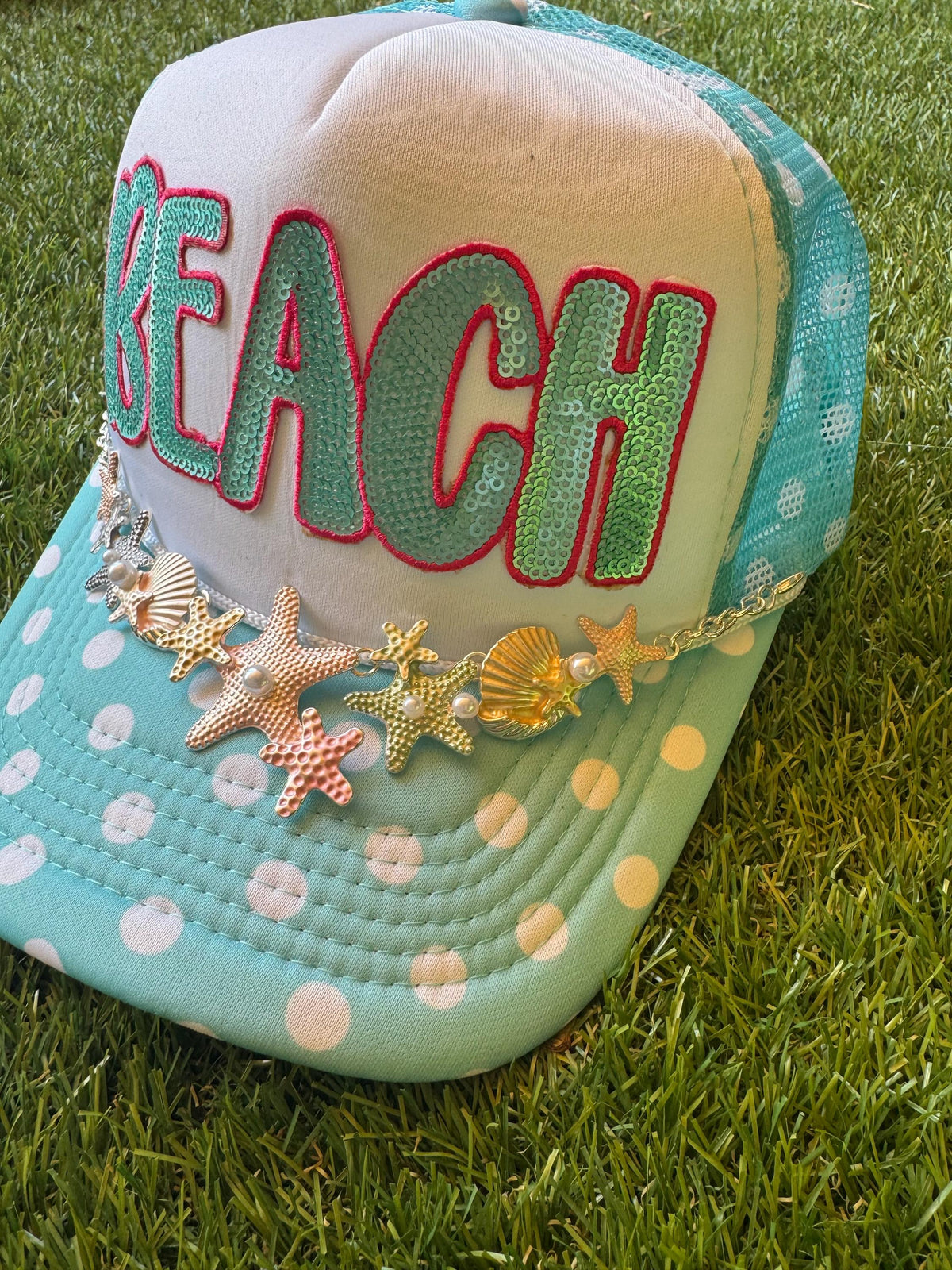 Sequined BEACH on polka dot trucker hat