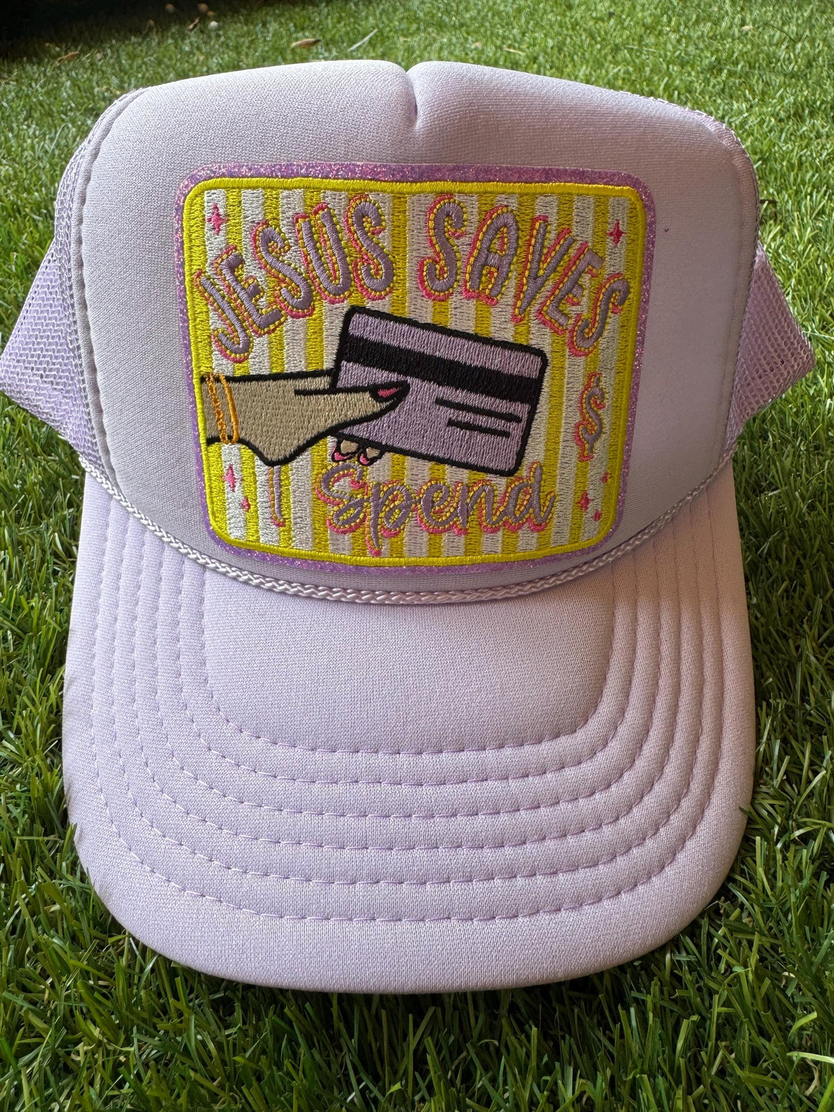 Jesus Saves I Spend custom trucker hat in Lavender