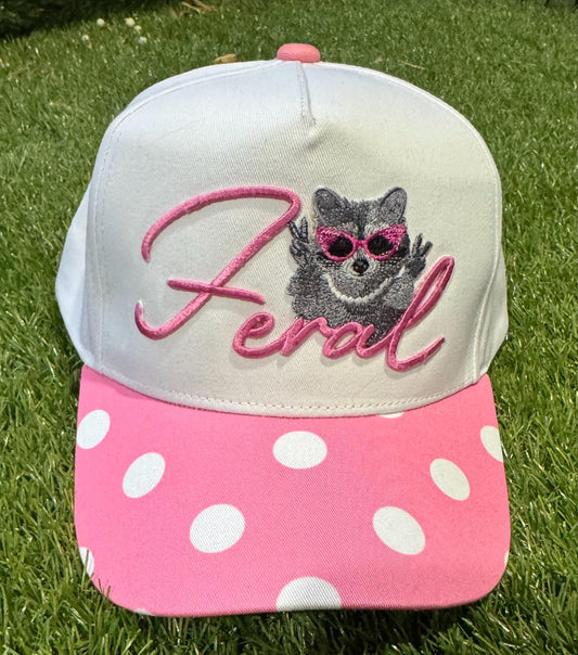 Feral raccoon on pink polka dot canvas trucker hat