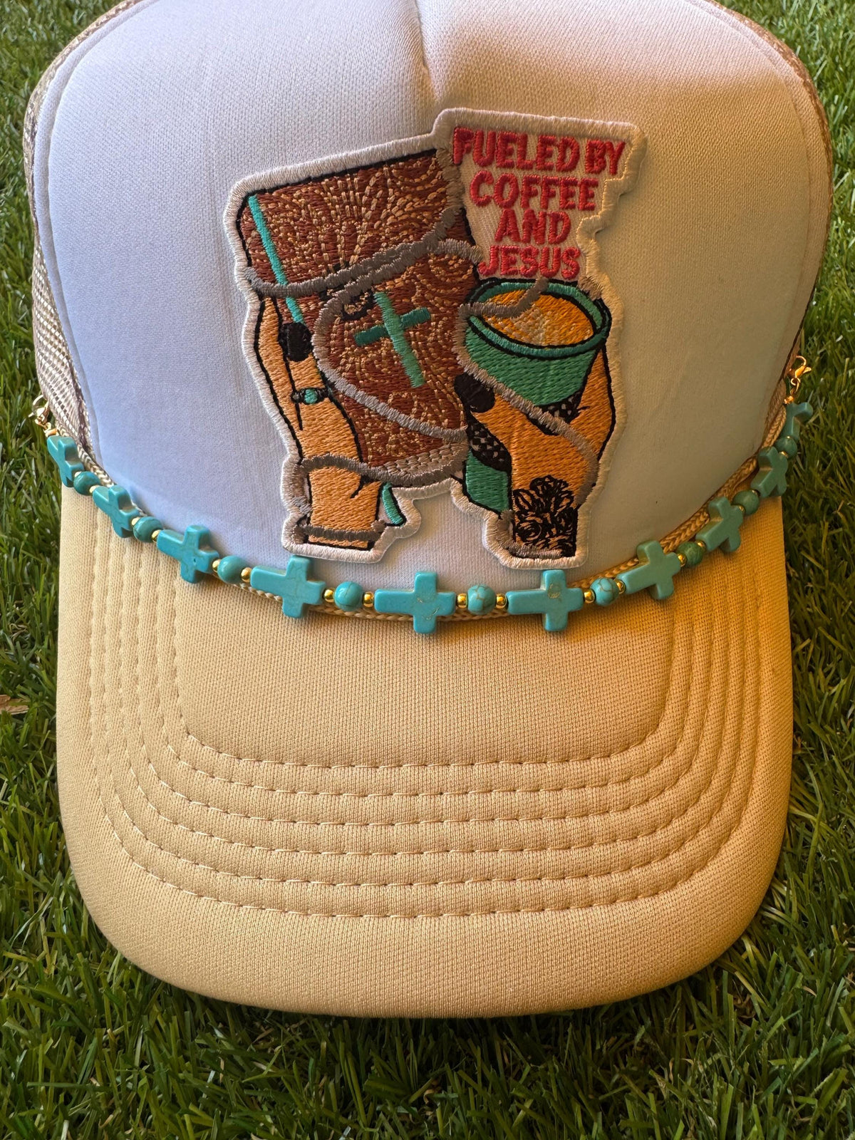 Fueled on Jesus and Coffee trucker hat with cross mesh and tourquise cross hat chain