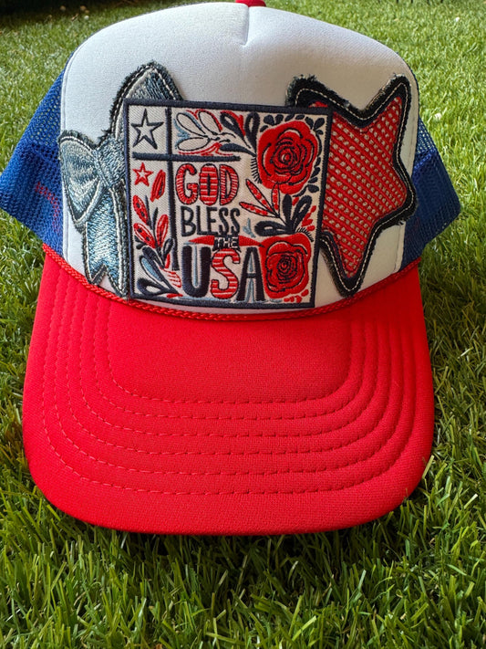 God Bless the USA custom trucker hat with bow and star