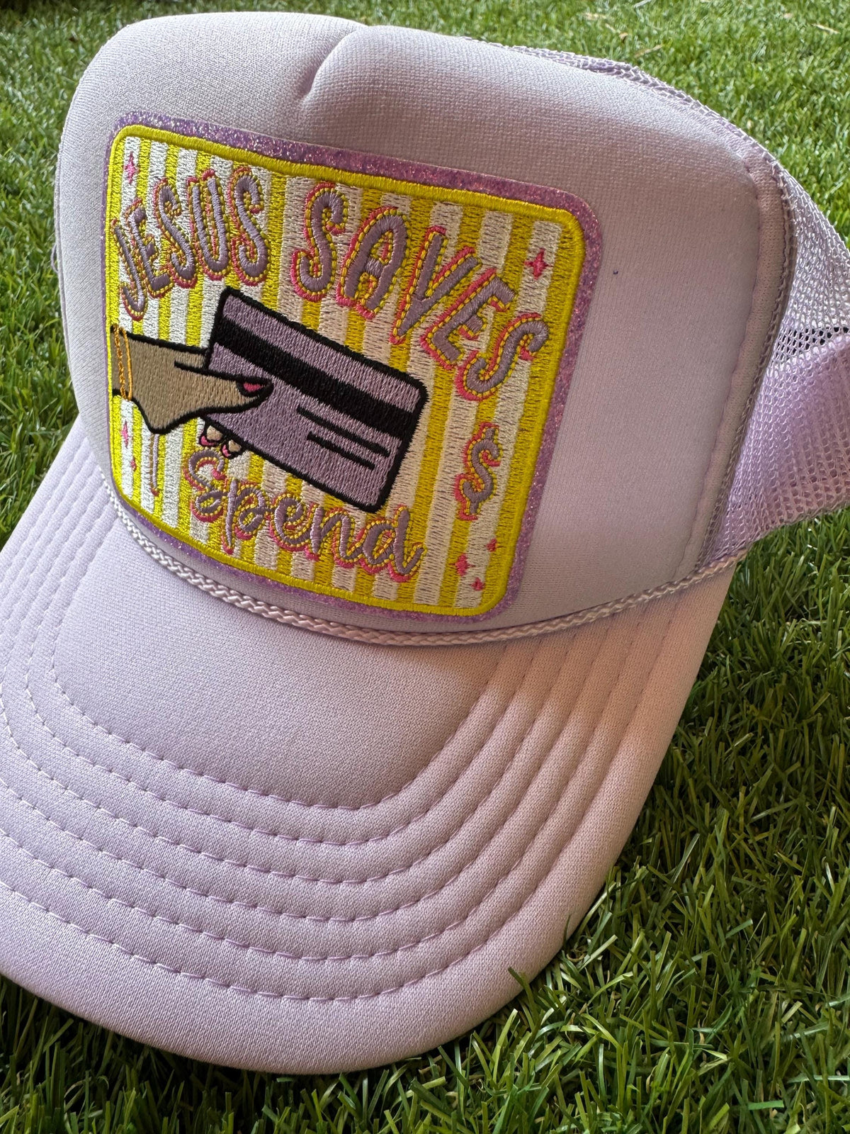 Jesus Saves I Spend custom trucker hat in Lavender