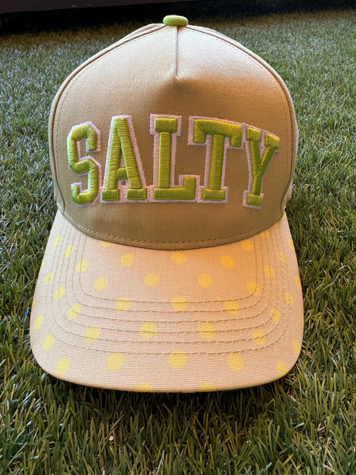 Salty embroidered canvas hat with polka dot brim
