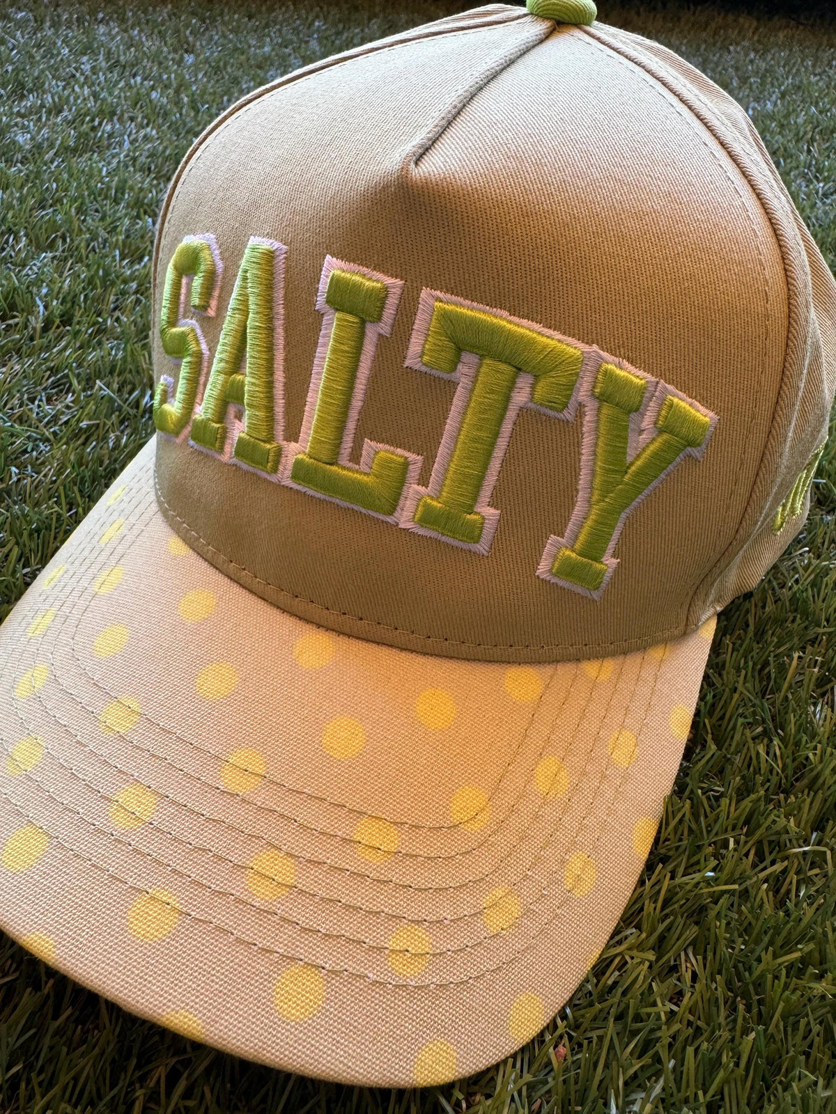 Salty embroidered canvas hat with polka dot brim