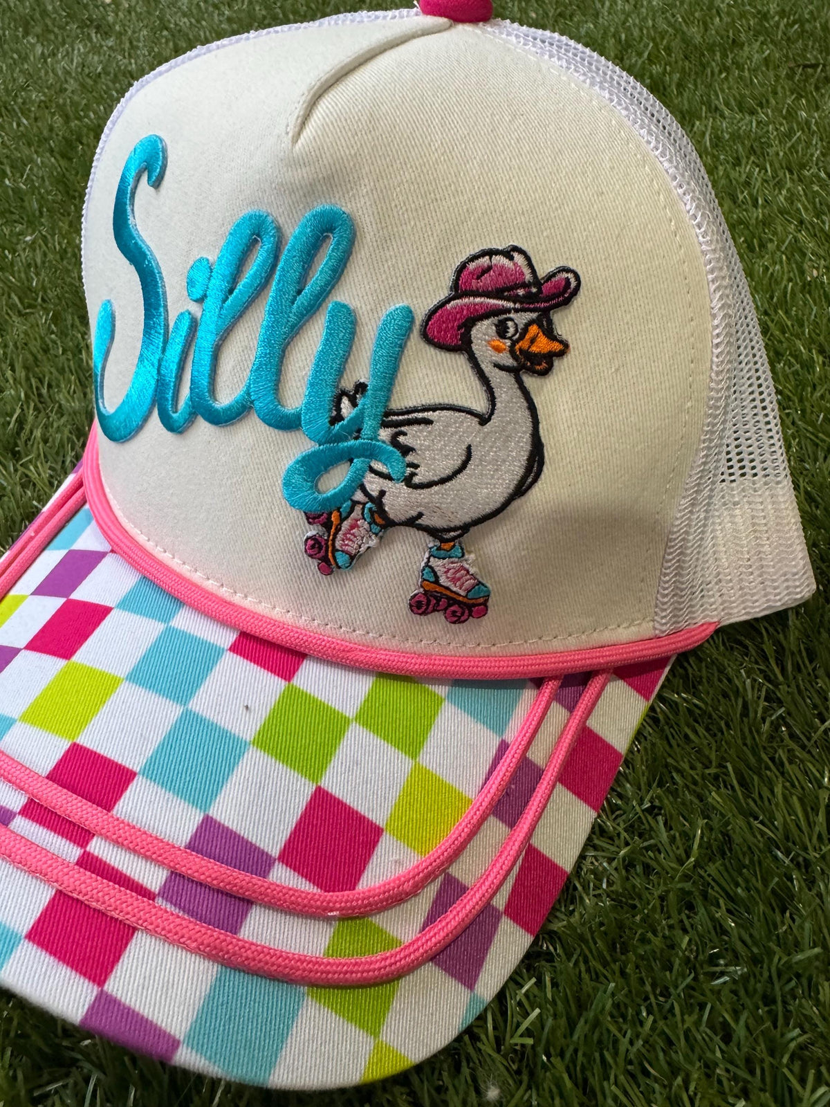 Silly Goose on Canvas multi color brim trucker hat