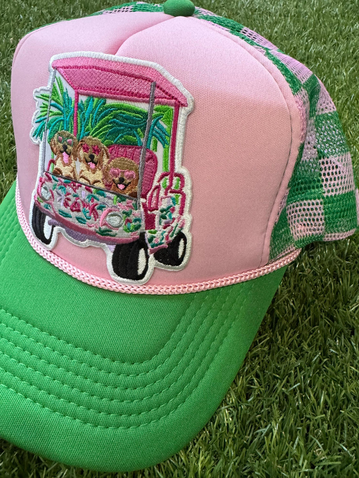 Dogs driving the golf cart custom trucker hat