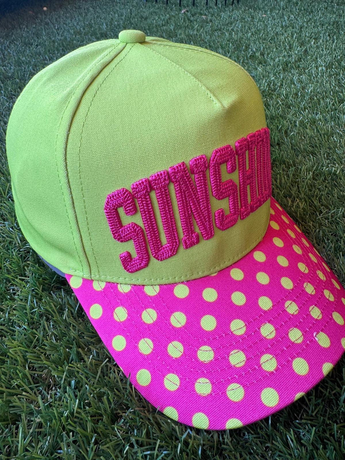 SUNSHINE embroidered canvas trucker hat with a polka dot brim