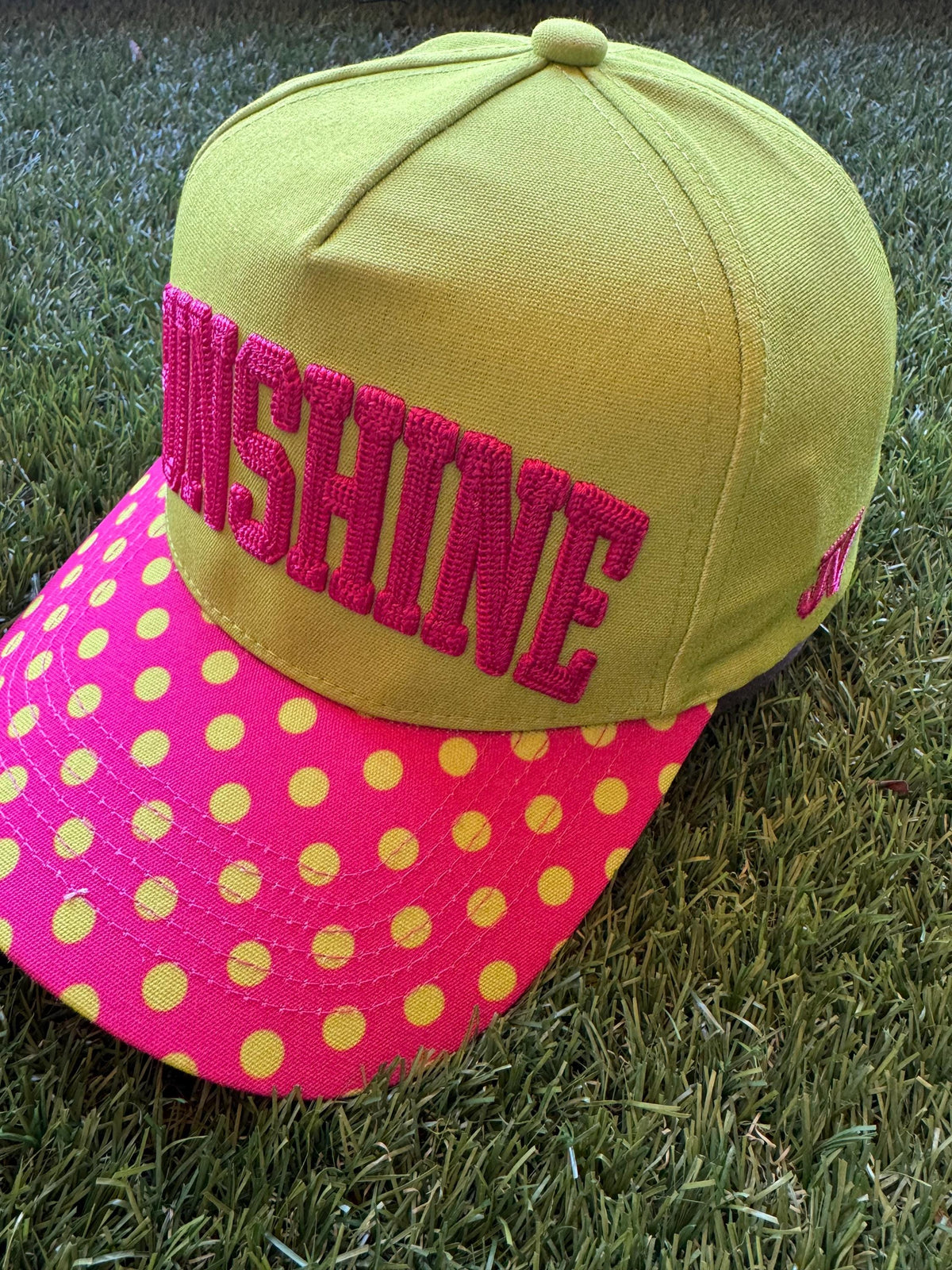 SUNSHINE embroidered canvas trucker hat with a polka dot brim