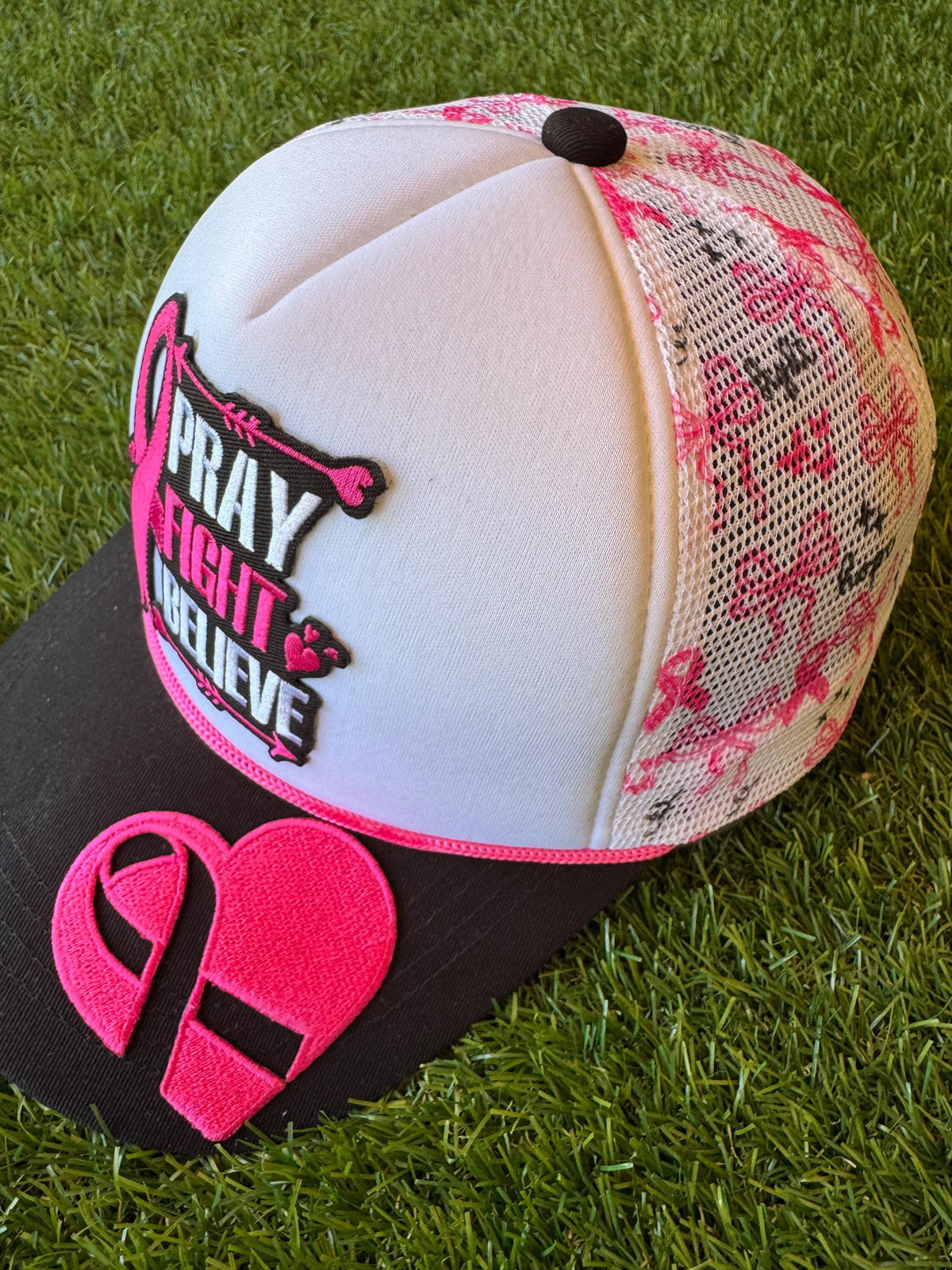 PRAY FIGHT BELIEVE breast cancer awareness custom mesh trucker hat