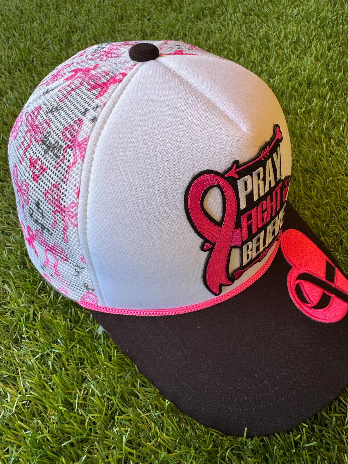 PRAY FIGHT BELIEVE breast cancer awareness custom mesh trucker hat