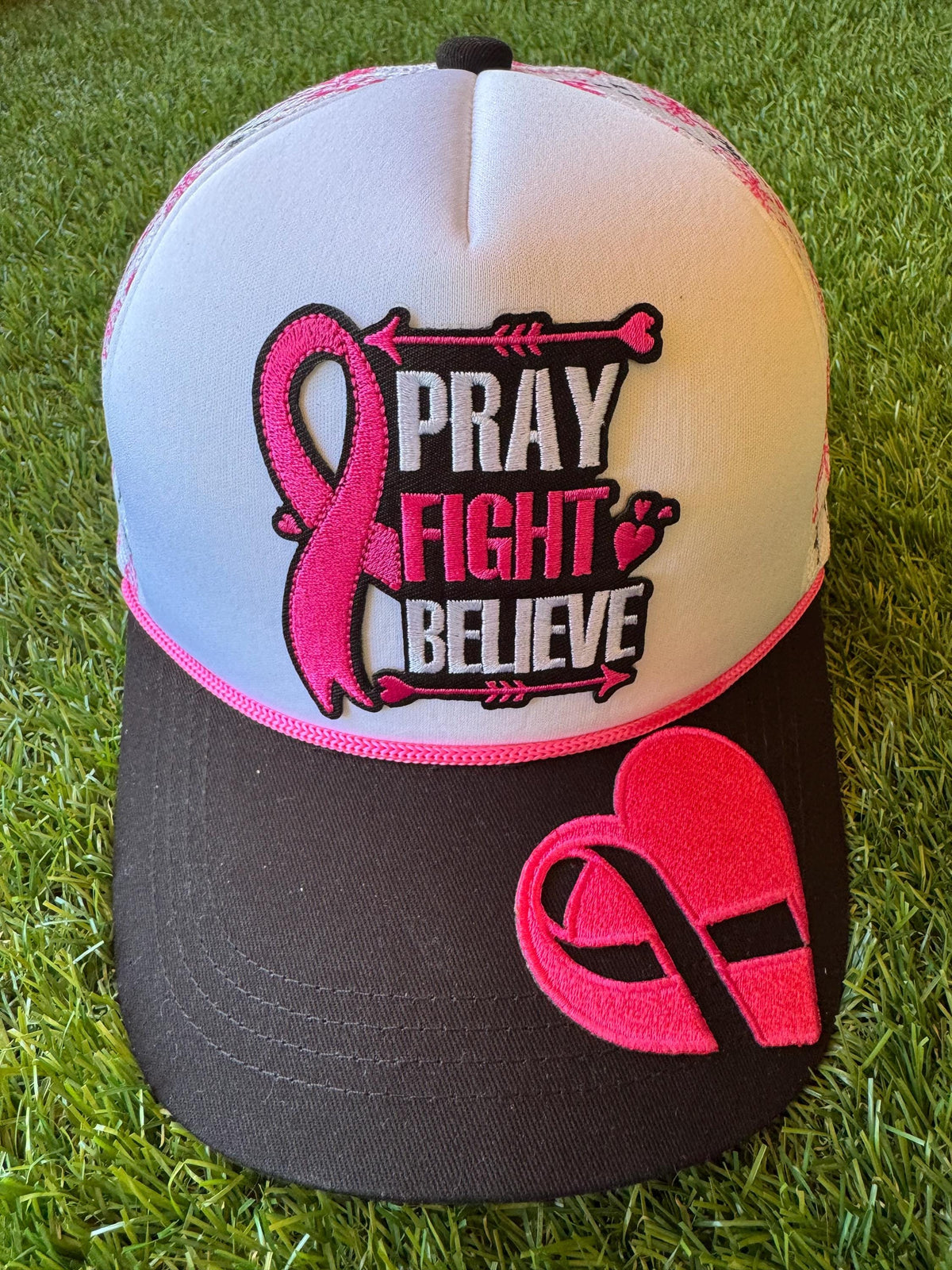 PRAY FIGHT BELIEVE breast cancer awareness custom mesh trucker hat