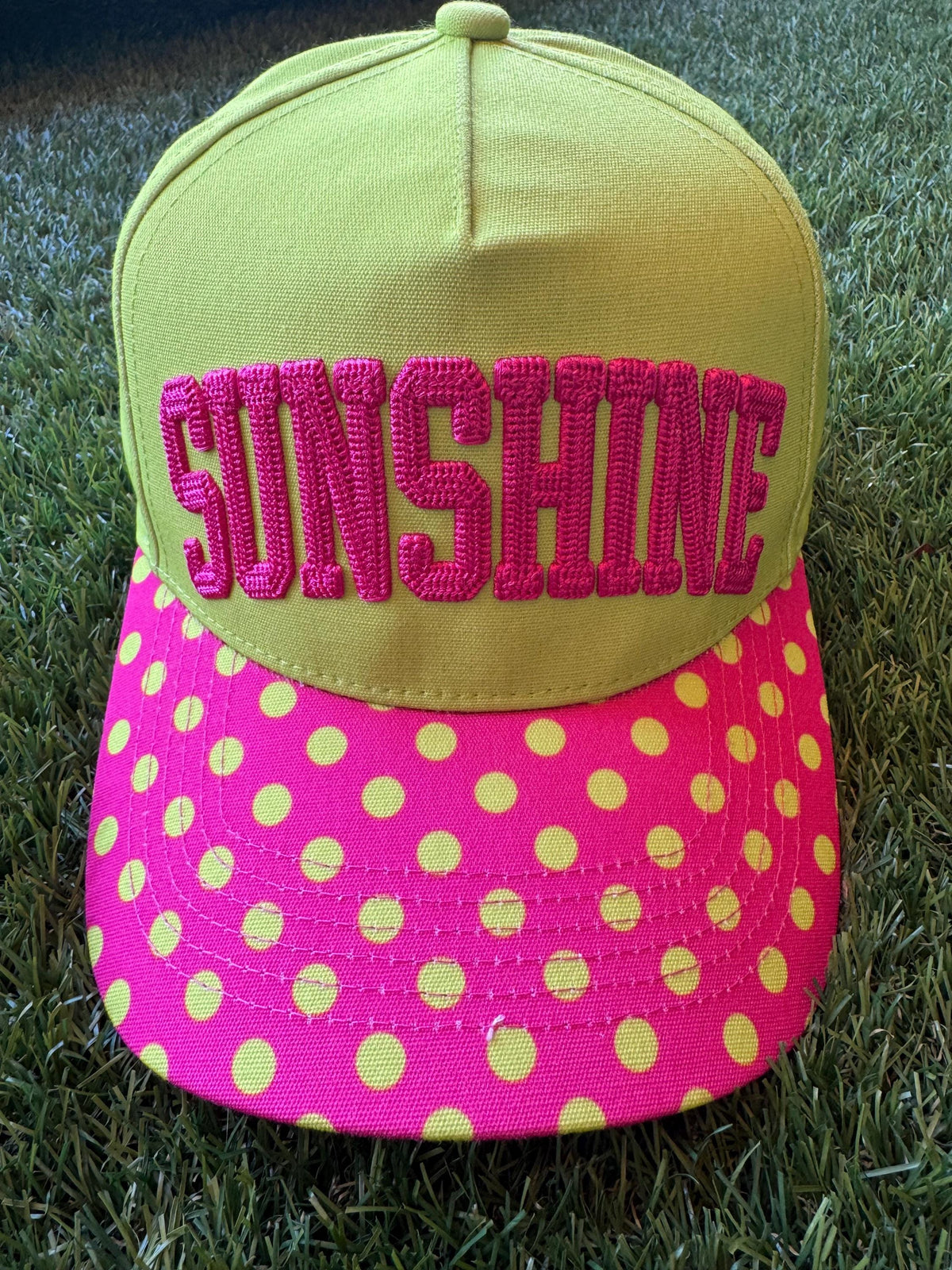 SUNSHINE embroidered canvas trucker hat with a polka dot brim