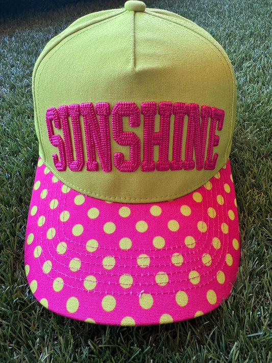 SUNSHINE embroidered canvas trucker hat with a polka dot brim