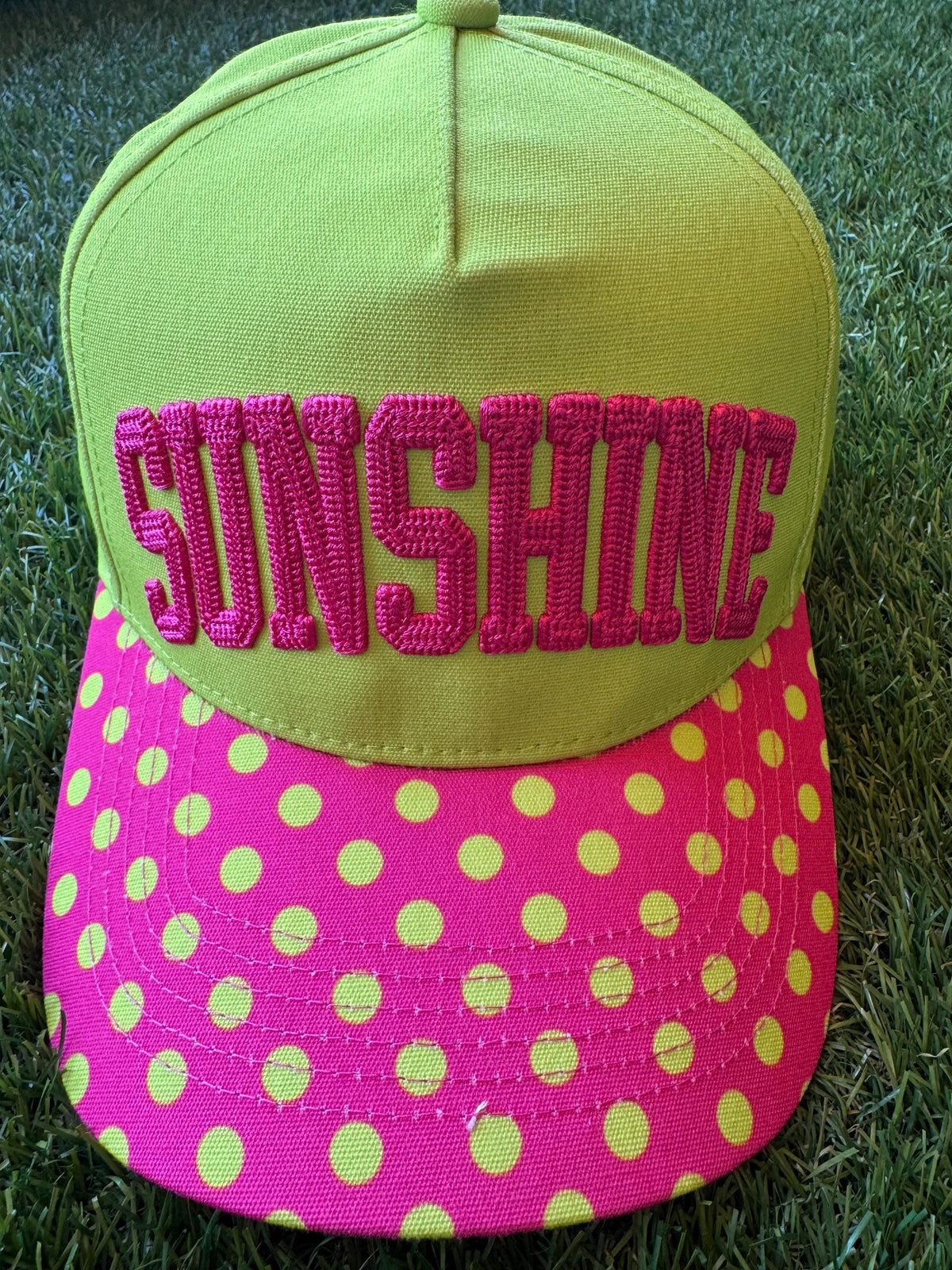SUNSHINE embroidered canvas trucker hat with a polka dot brim