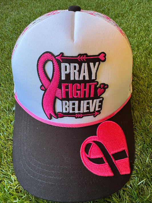 PRAY FIGHT BELIEVE breast cancer awareness custom mesh trucker hat