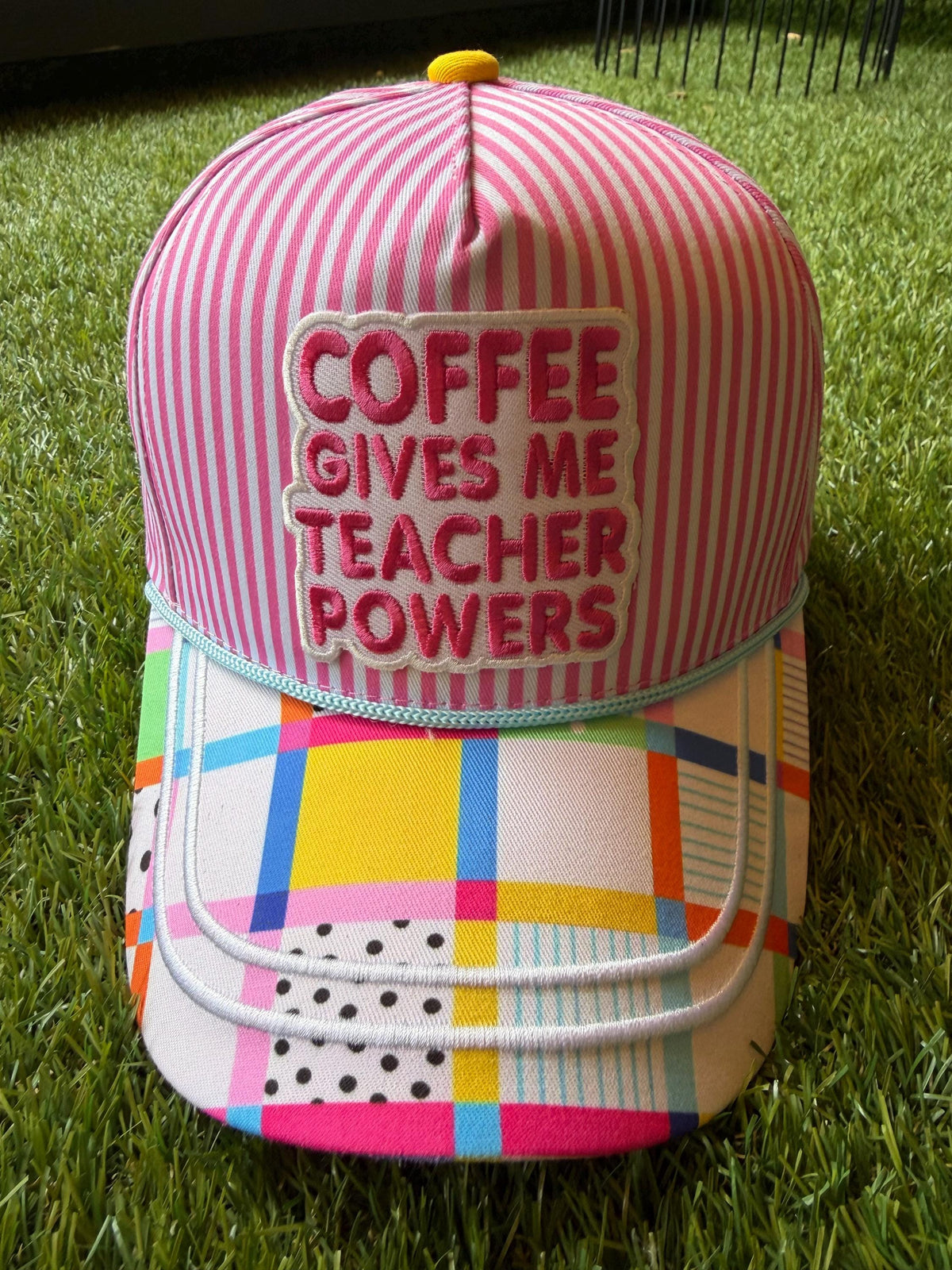 Coffee Gives Me Teacher Powers embroidered patch on custom canvas trucker hat