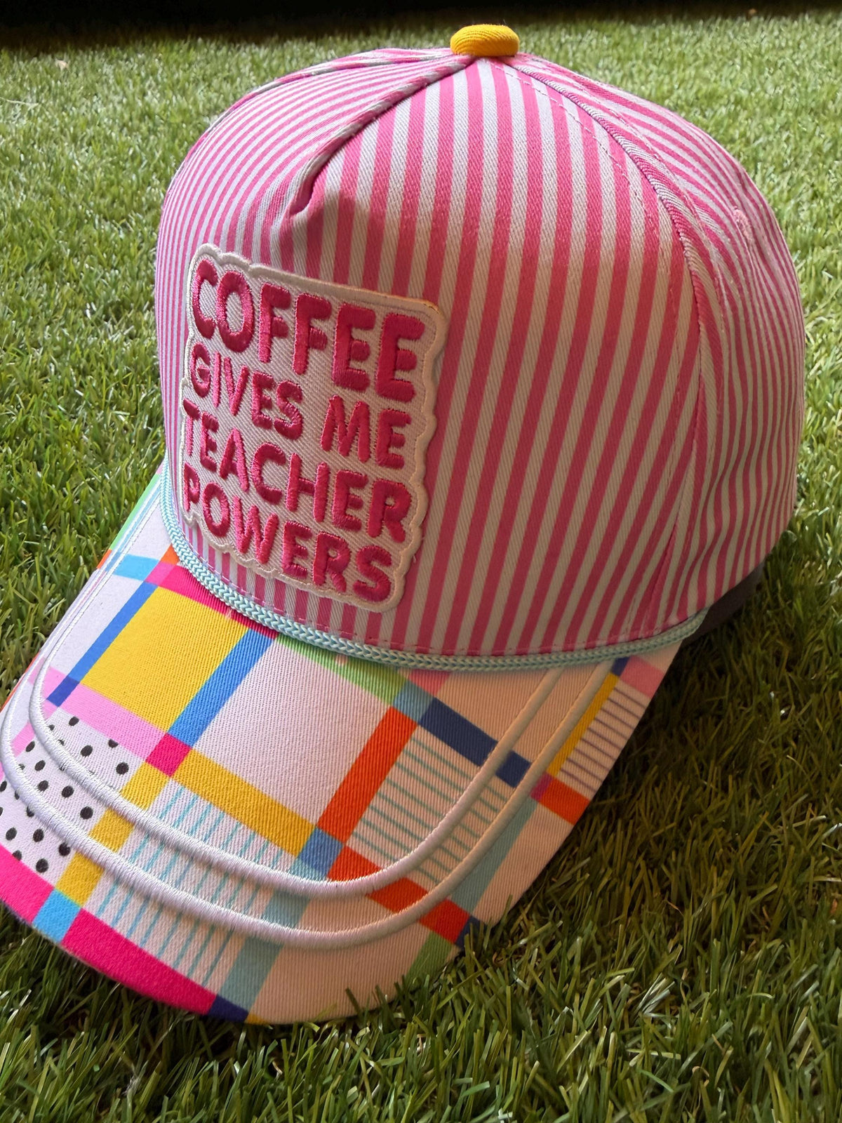 Coffee Gives Me Teacher Powers embroidered patch on custom canvas trucker hat