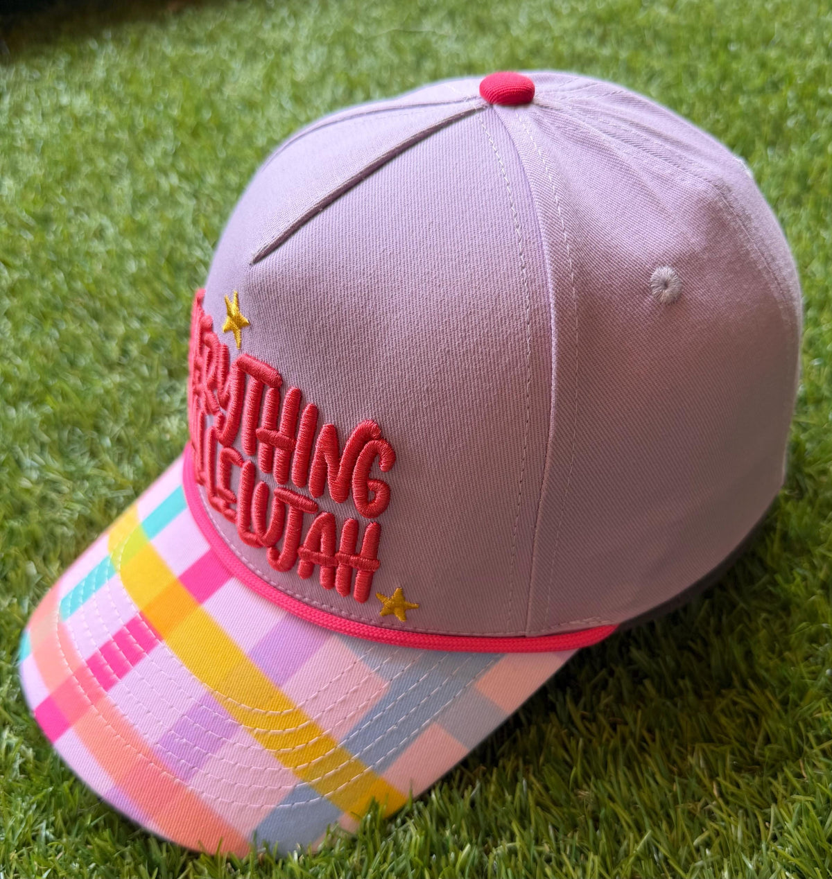 Everything Hallelujah embroidered custom canvas trucker hat with multicolored brim