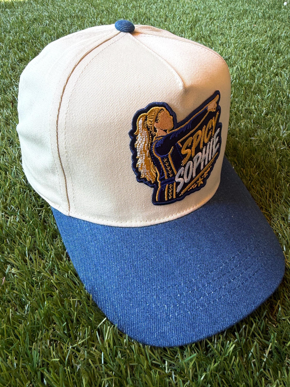 Spicy Sophie on a custom canvas hat with denim brim