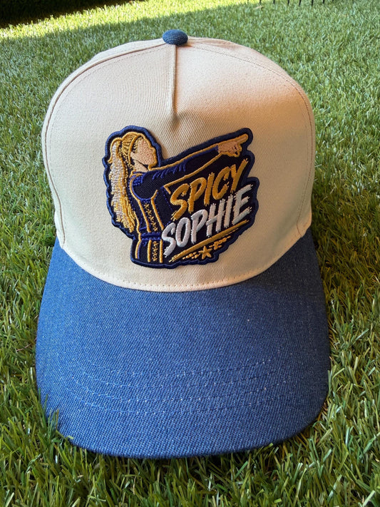 Spicy Sophie on a custom canvas hat with denim brim