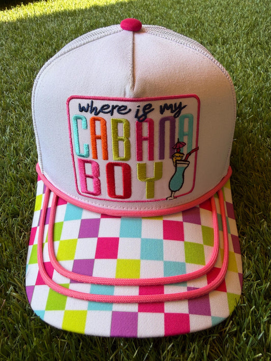 Where is My Cabana Boy embroidered patch on custom canvas trucker hat with multicolored brim