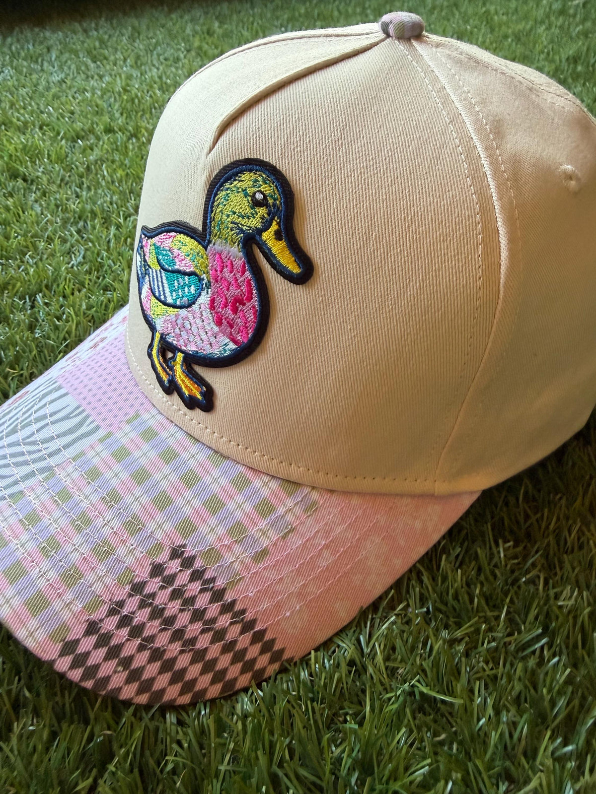 Pastel Duck custom canvas trucker hat with patterned brim