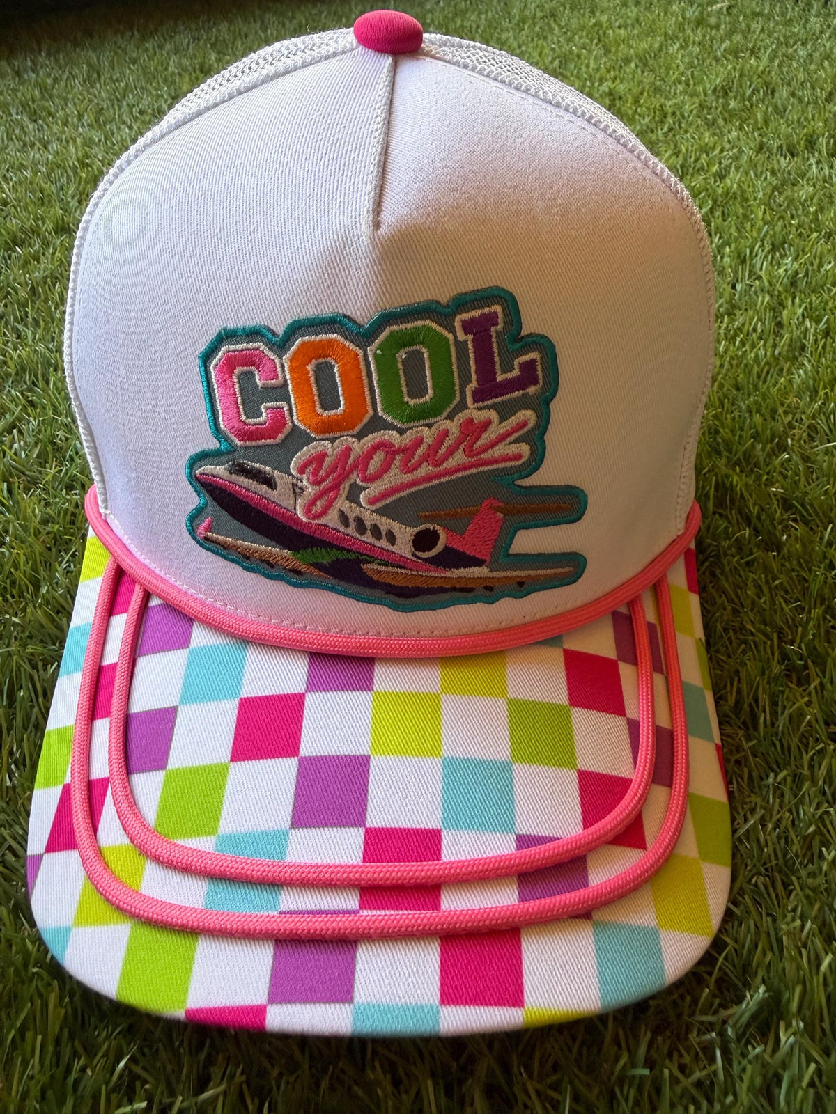 Cool Your Jets custom canvas and mesh combo trucker hat with a multicolored brim