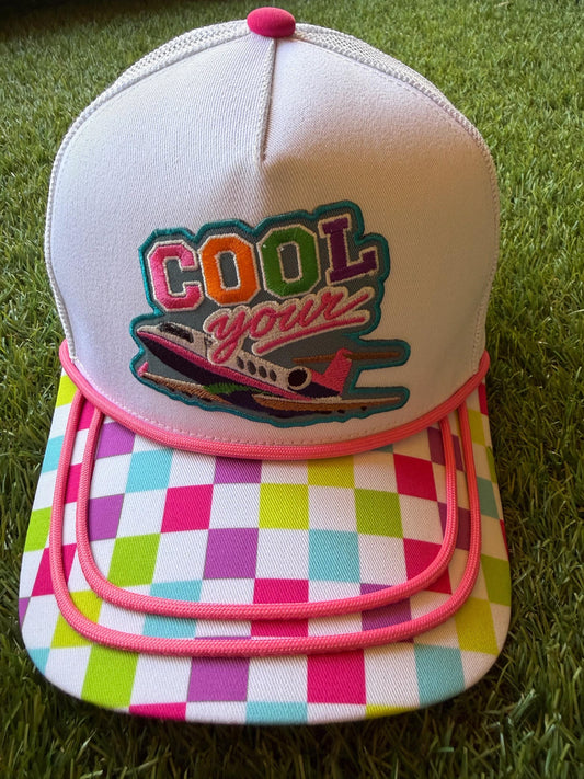 Cool Your Jets custom canvas and mesh combo trucker hat with a multicolored brim