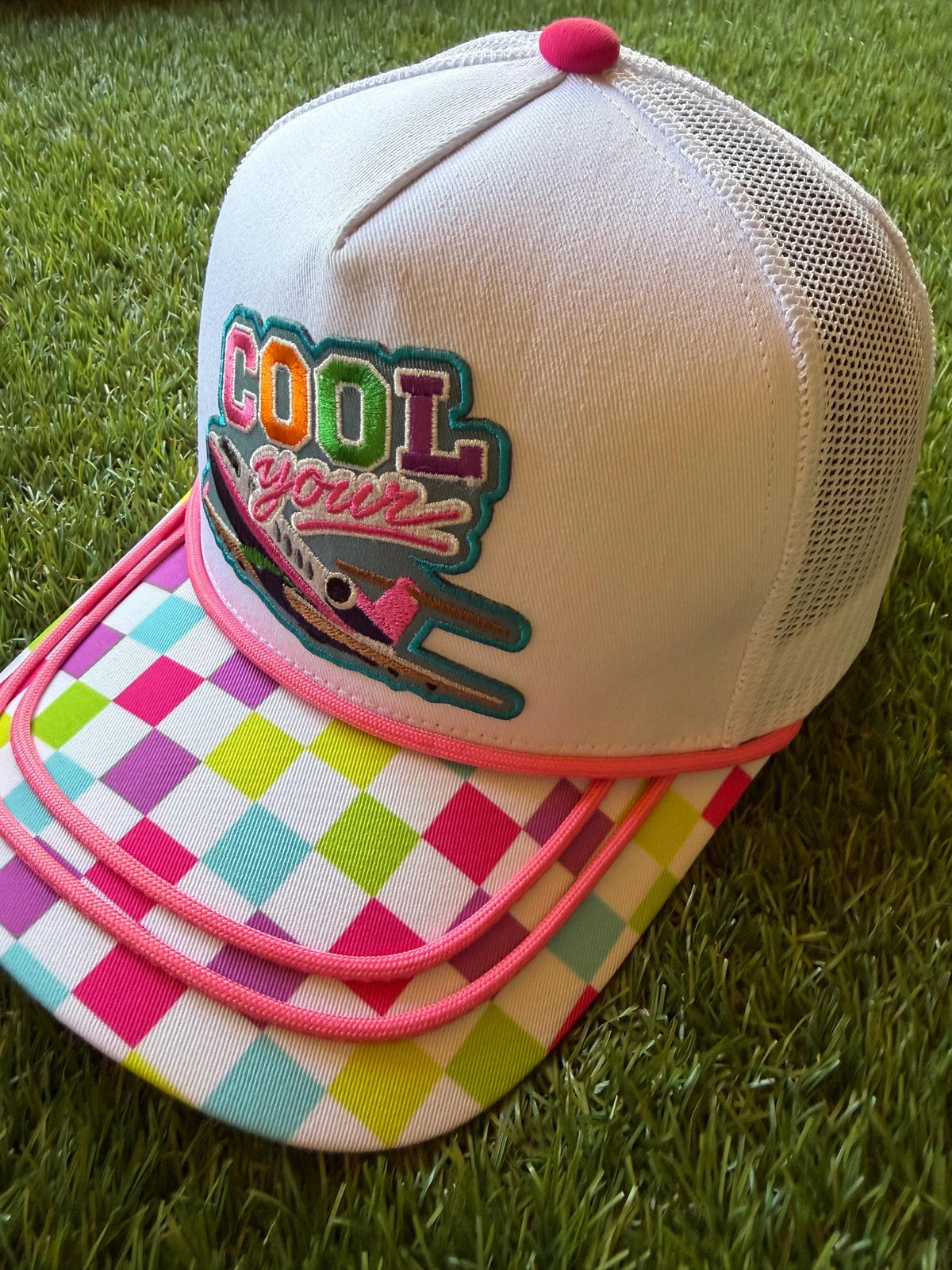 Cool Your Jets custom canvas and mesh combo trucker hat with a multicolored brim