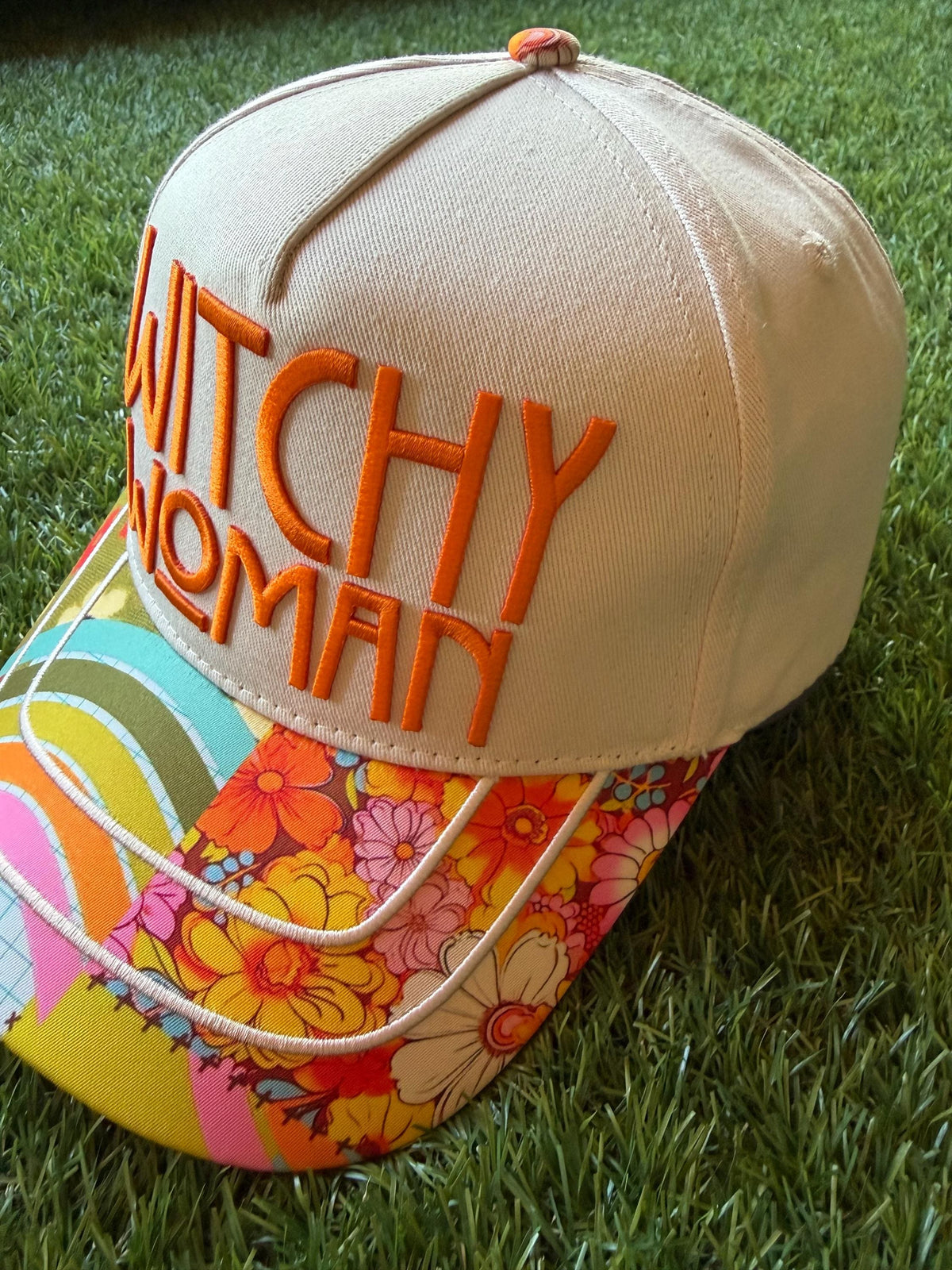 Witchy Woman embroidered letters on custom canvas trucker with boho brim