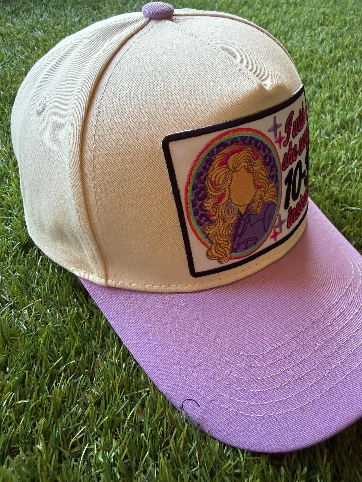 I Wish She Sang 10-3 Instead on a custom canvas trucker hat with a coordinating lavender brim