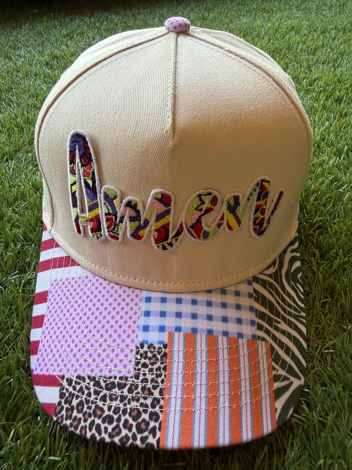 AMEN on custom canvas trucker hat with patchwork brim