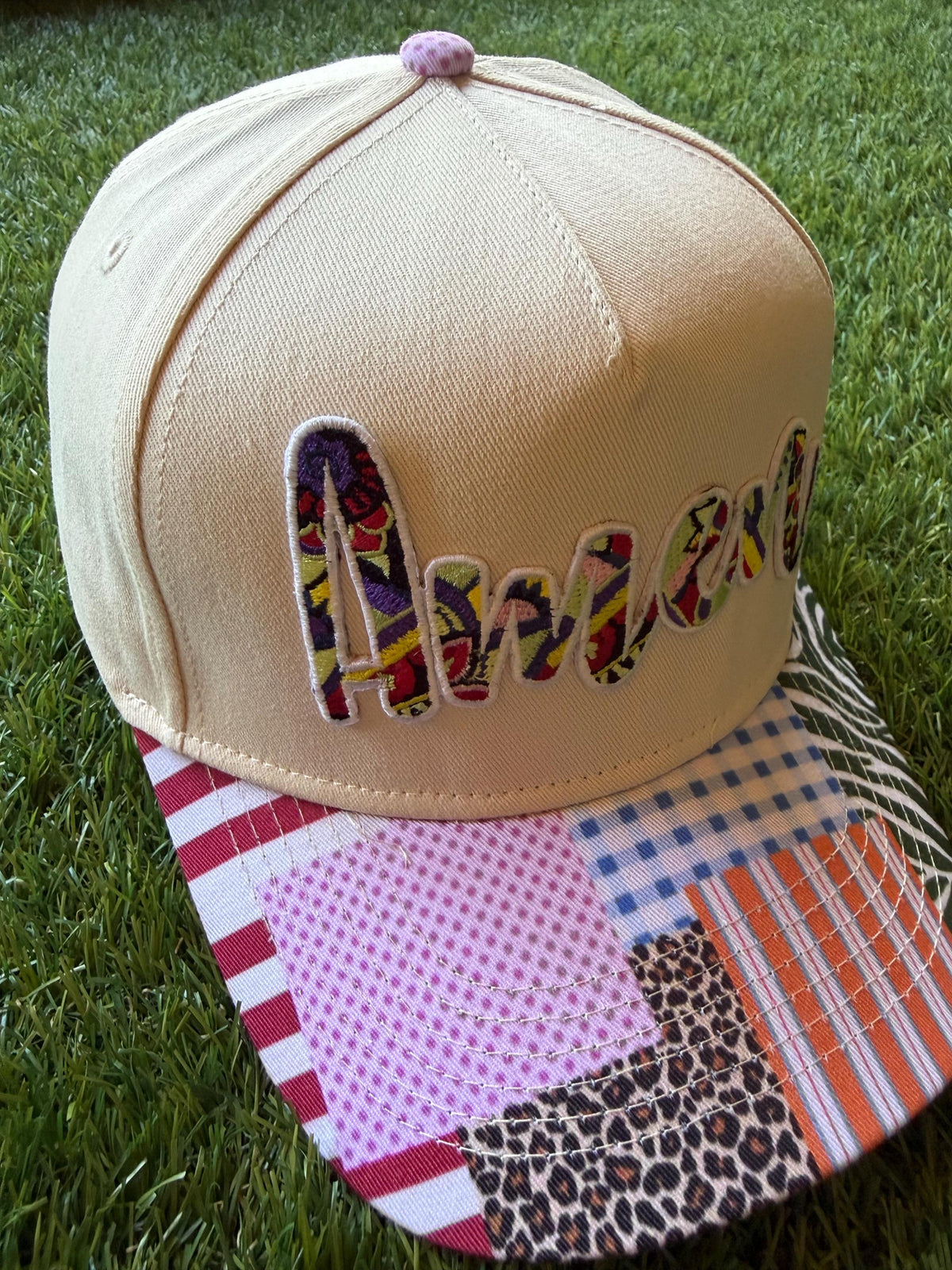AMEN on custom canvas trucker hat with patchwork brim