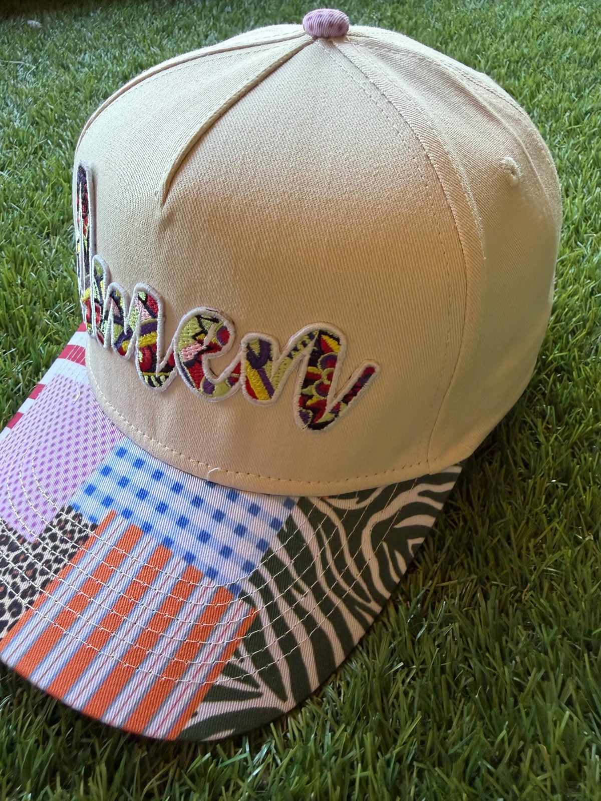 AMEN on custom canvas trucker hat with patchwork brim