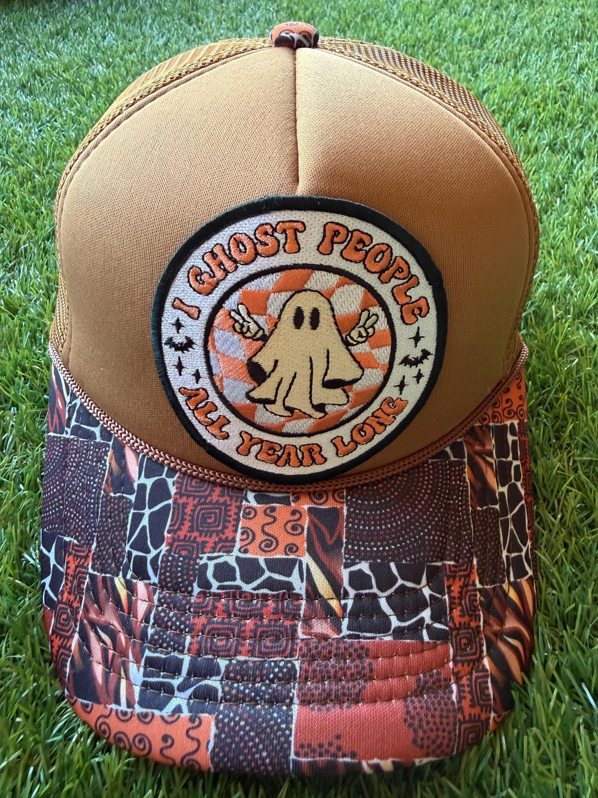 I Ghost People All Year Long on a custom mesh trucker hat with great fall colors