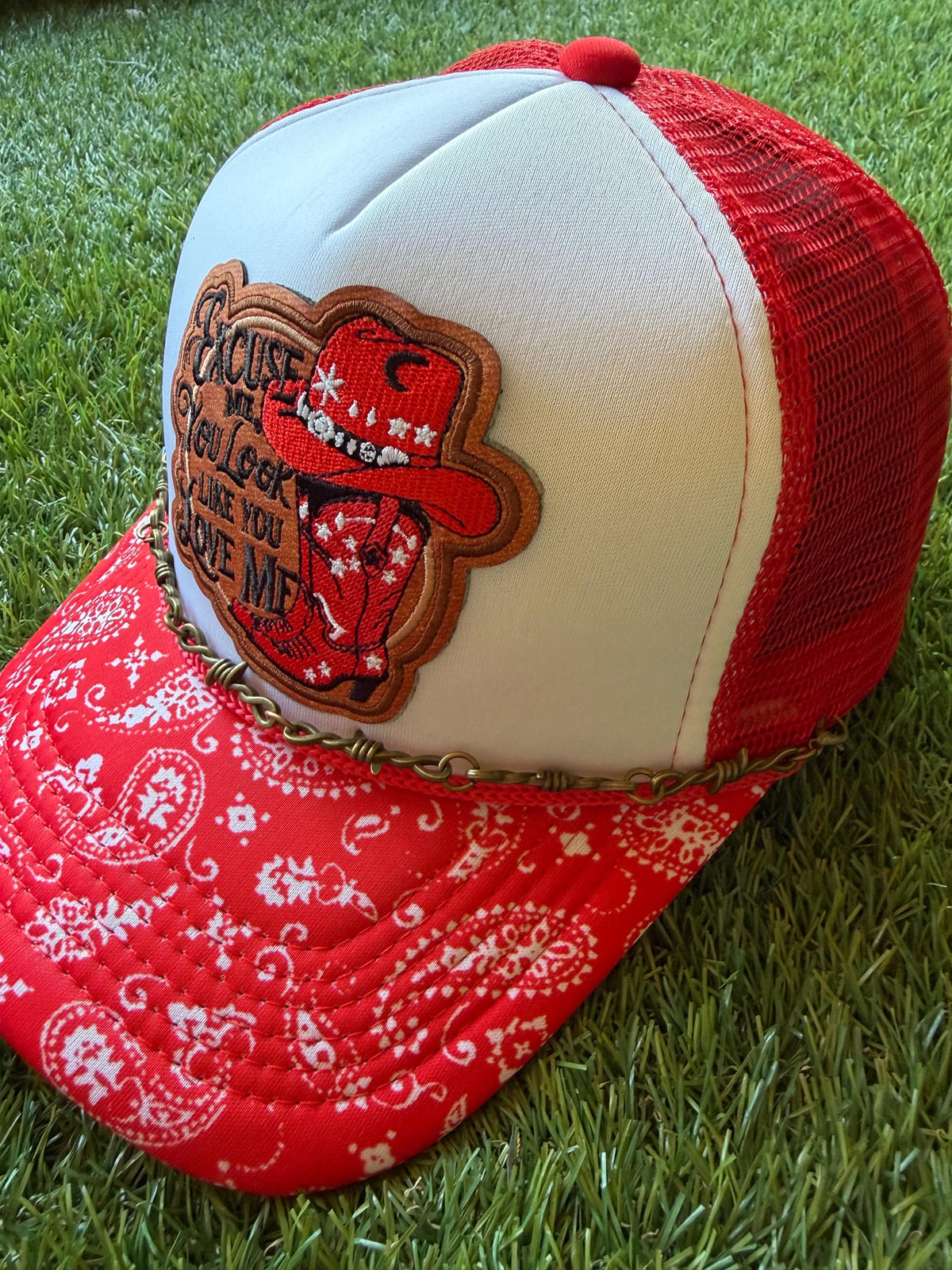 Excuse Me You Look Like You Love Me on a custom mesh trucker hat with a bandanna theme brim