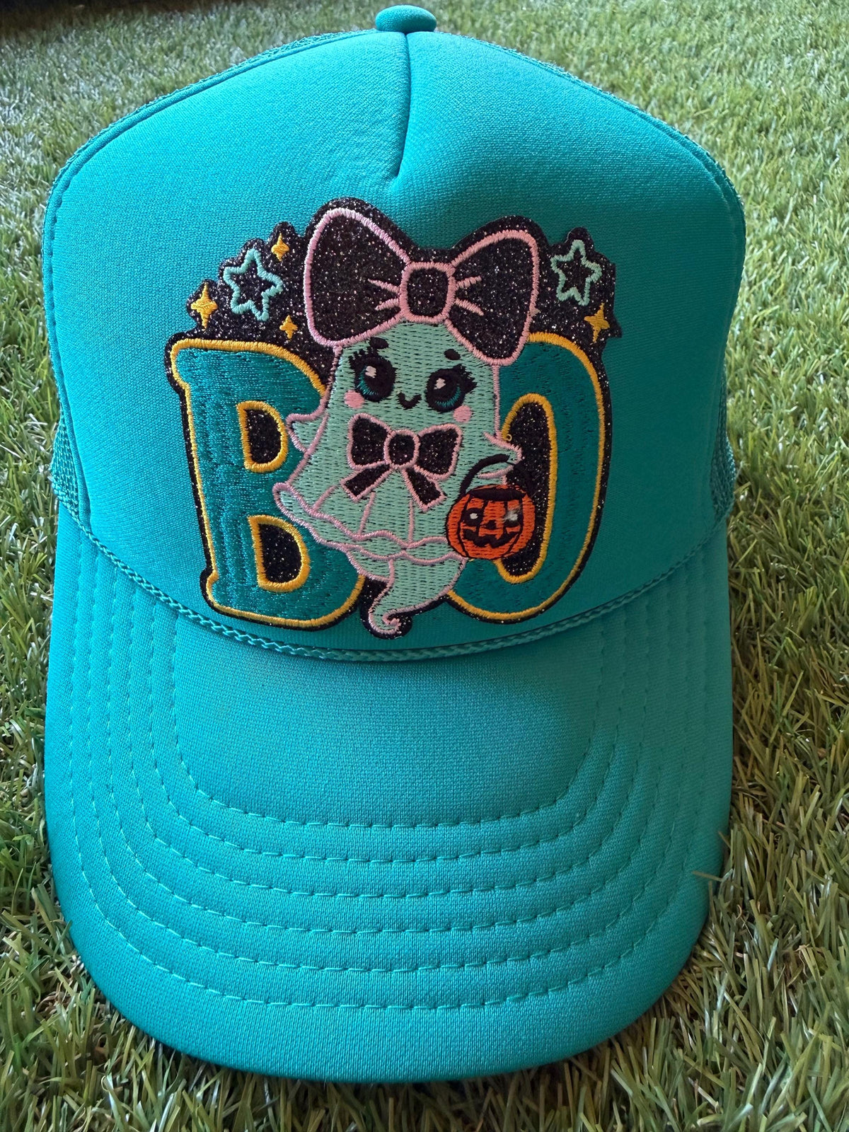 Boo with a friendly ghost on a jade Otto custom mesh trucker hat
