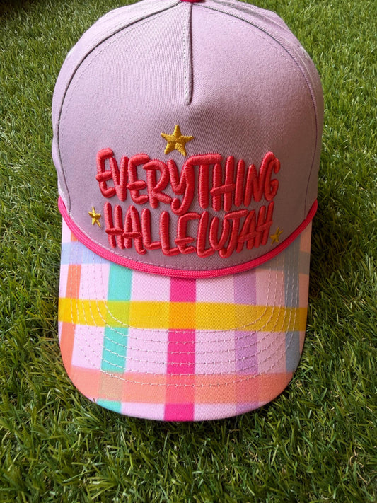 Everything Hallelujah embroidered custom canvas trucker hat with multicolored brim