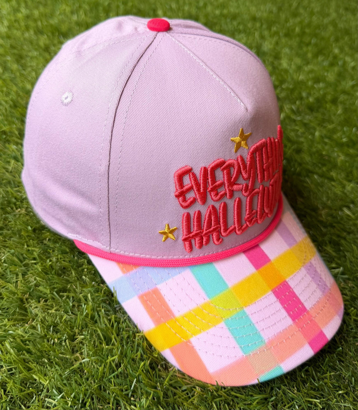 Everything Hallelujah embroidered custom canvas trucker hat with multicolored brim