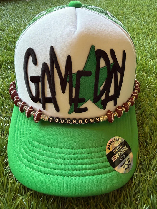 Gameday with a green star on a custom mesh magna pony trucker hat with a football hat chain