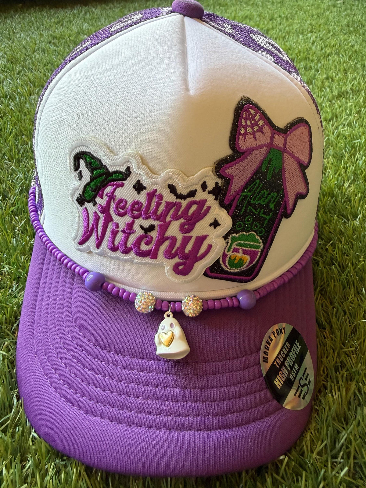 Feeling Witchy with a Witch’s Brew energy drink patch on a custom mesh trucker with a magna pony adjustable snapback and hat chain